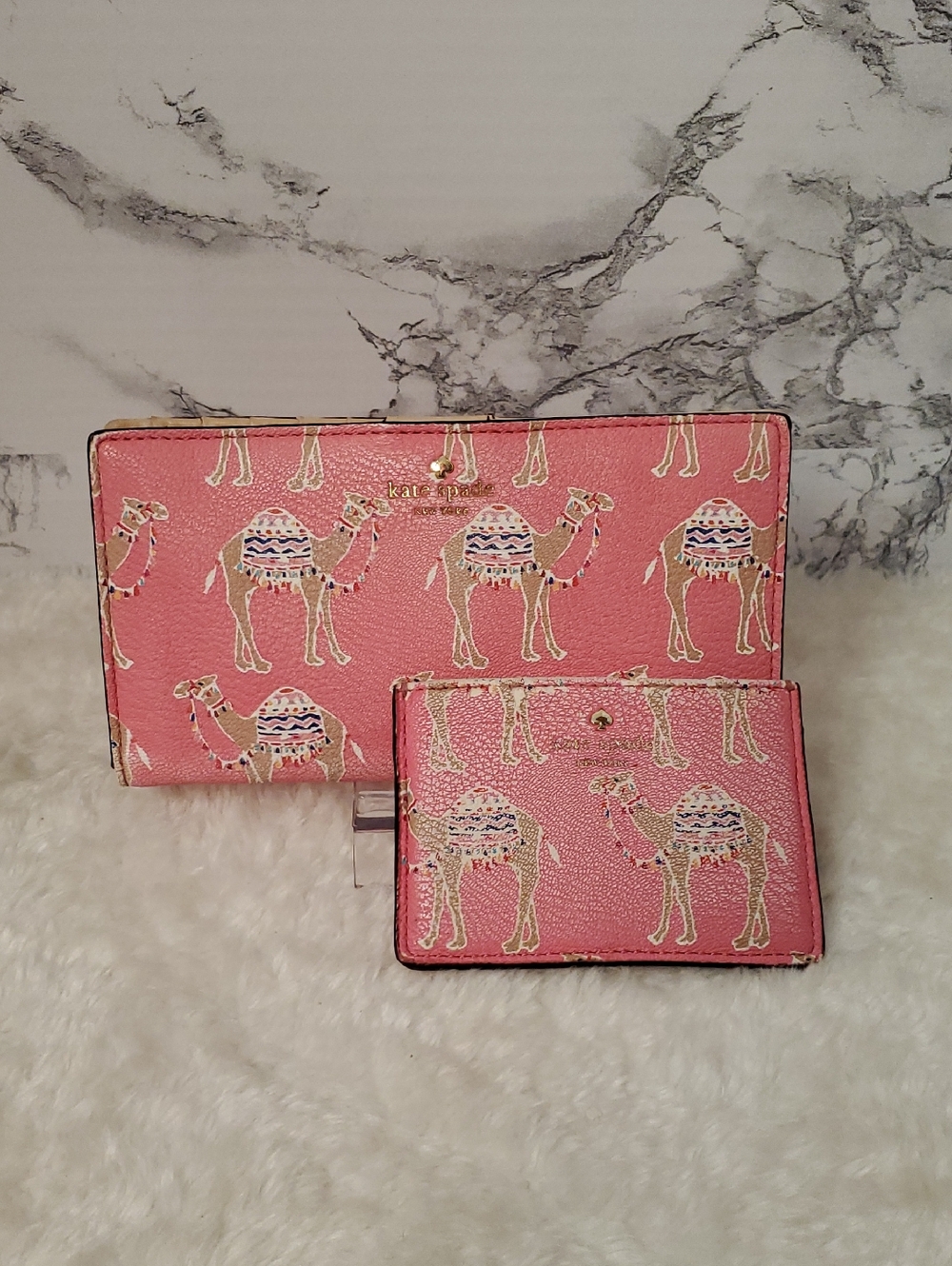 kate spade pink camel print wallet and cardholder set